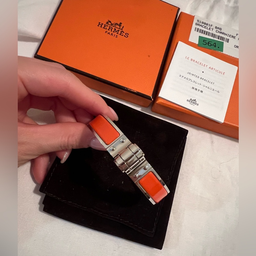 Hermes Enamel Charniere Uni Narrow Hinged Bracelet S Orange Fruite